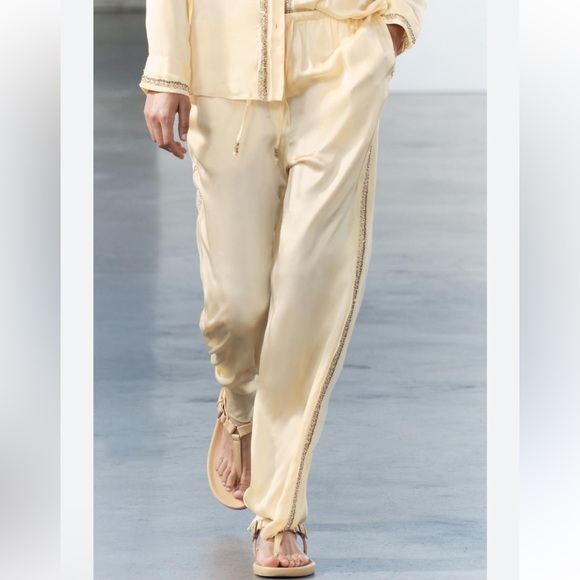 ZARA CO-ORD SATIN EFFECT EMBROIDERED SHIRT & PANTS SET - PASTEL YELLOW - Picture 5 of 8